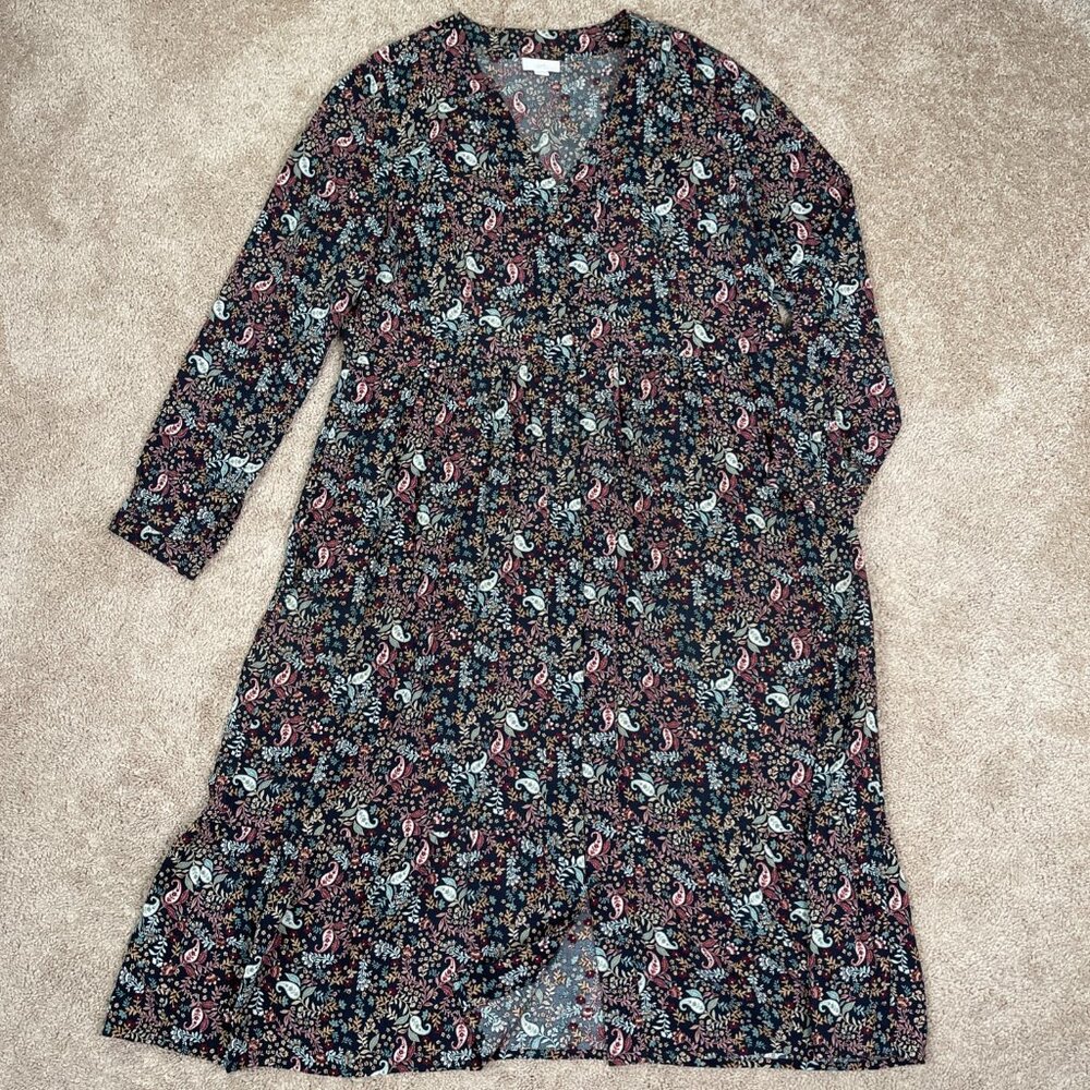 J. Jill Dress Womens M Green Floral Paisley Tiered Bohemian Peasant Button Front